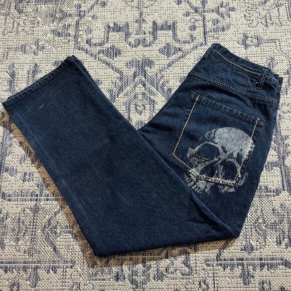 VTG Y2K Karl Kani Gold Baggy Skull Print Dark Blue Skate Jeans SZ 32x30 - Picture 1 of 7